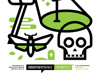 CreativeMornings Indy 2 color creative creativemornings death flag indianapolis indy mornings moth poster skull