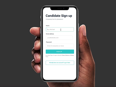 Candidate Sign up animation clean framer x interaction ios android login minimalist mobile prototype screen sign up signup ui user experience user interface ux