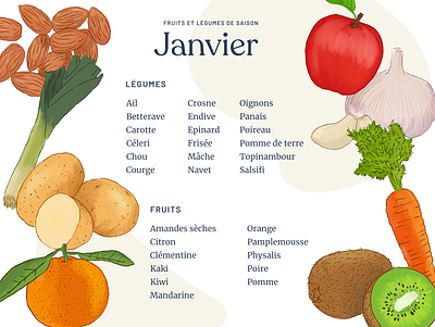 Seasonal food calendar - January calendar fruits illustration list vegetables