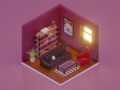Pocket Rooms - Living Room 3D Illustration 3d 3d blender 3d illustration blender colorful cosy cute illustration isometric living room quirky square
