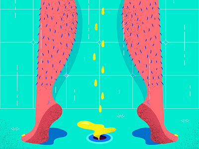 Peeing in the shower contrast drain hair illustration legs liquid pee shadow water