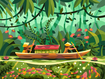 River in the jungle art cartoon character design digital drawing illustration jungle landscape river tropic vector
