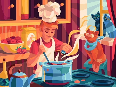 Time for soup art cartoon cat character comic cooking design digital illustration kitchen soup vector