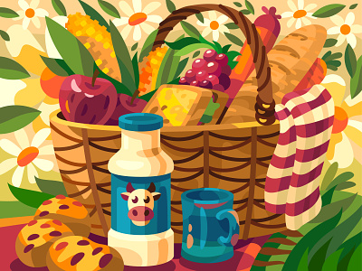 Picnic basket art basket design digital drawing food illustration milk picnic vector