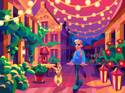 Nice evening cartoon character design digital dog drawing evening illustration landscape town vector