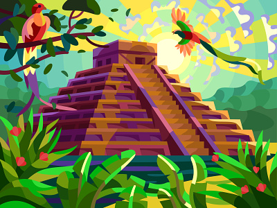 Chichen Itza art birds design digital graphic illustration landscape pyramid vector