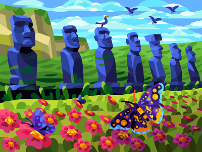 Moai on Easter Island art design digital drawing graphic illustration landscape vector