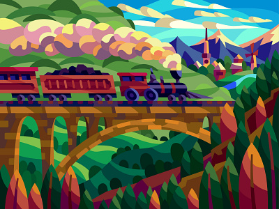 Old train art cartoon design digital graphic illustration landscape vector