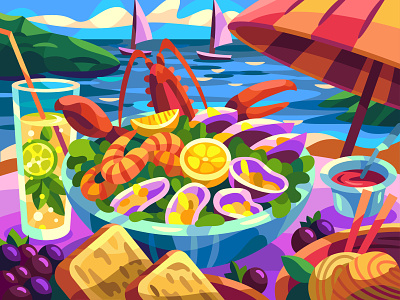 Seafood art cartoon design digital drawing graphic illustration landscape sea vector