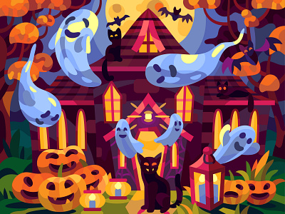 Ghost house art cartoon design drawing graphic halloween illustration pumkin vector