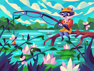 Fishing raccoon art cartoon character comic design digital graphic illustration landscape vector