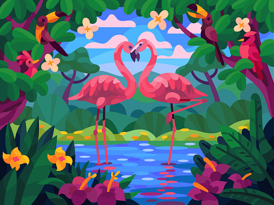 Lovely flamingos art design digital drawing graphic illustration landscape vector