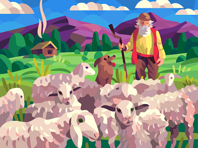 Sheep shepherd art cartoon character design digital drawing graphic illustration landscape vector
