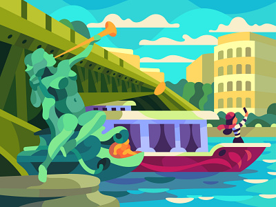 Boat on the Seine art cartoon character design digital illustration vector