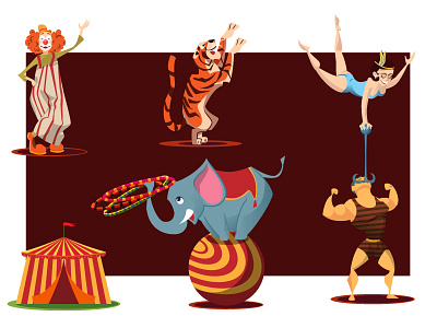 Set of circus characters art cartoon character circus clown elephant girl illustration man strong tiger vector