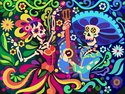 Day of the dead art cartoon character comic design dia de muertos digital flowers illustration the day of the dead the day of the dead vector