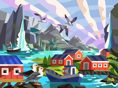 Norwegian village art cartoon design digital draw graphic illustration landscape vector