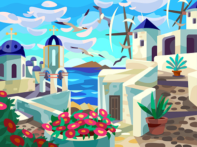 Greece art cartoon coast design digital flowers graphic greece illustration landscape sea vector