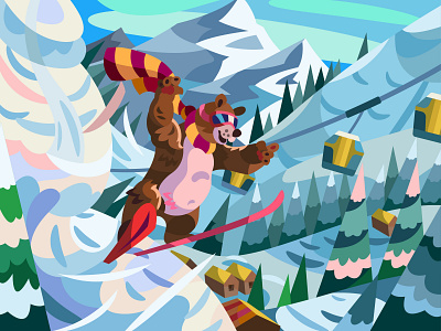Bear skier art cartoon character comic design digital illustration landscape ski vector