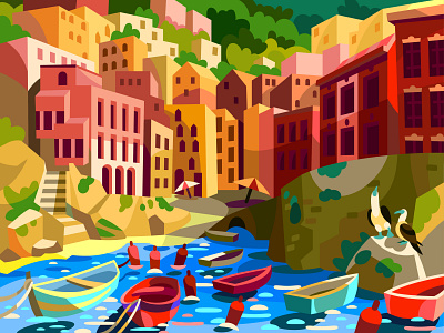 Color City art boats cartoon design digital illustration landscape sea town travel vector