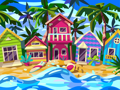 Beach houses art beach cartoon design digital houses illustration landscape sea vector