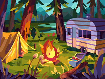 Campfire art campfire camping cartoon design illustration landscape vector