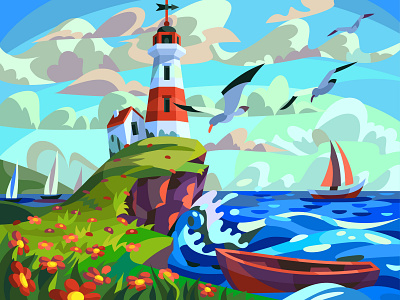 Lighthouse art cartoon design drawing graphic illustration landscape lighthouse sea vector