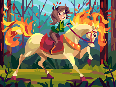Fire horse art cartoon character comic design digital girl horse illustration landscape vector