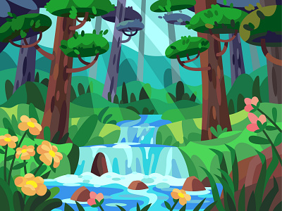 Small waterfall art cartoon design digital draw forest illustration landscape trees vector waterfall