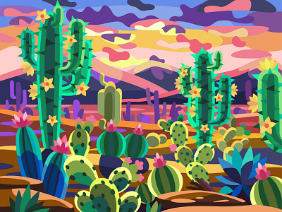 Sunset cactus valley art design digital drawing graphic illustration landscape vector
