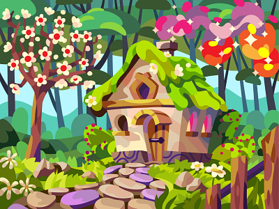 Mystery Cabin art cartoon design drawing fairytale illustration landscape magical spring vector