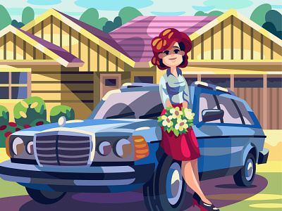 Suburban girl art car cartoon character comic design digital drawing illustration suburban vector