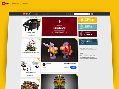 LEGO Ideas | Re-skin 2021 | Frontpage cards content crowdsource crowdsourcing design feed figma frontpage lego navigation redesign reskin responsive