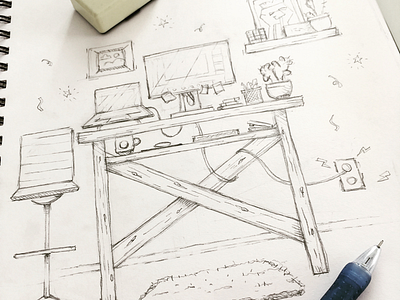My workstation (sketch) desk drawing interior pencil sketch