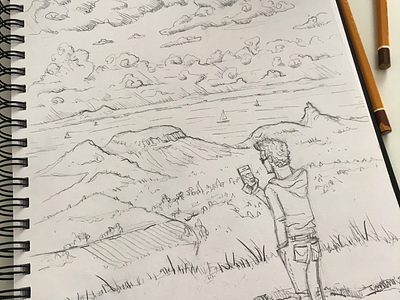 View from the Csobánc hill (sketch) character clouds drawing hills lake landscape sketch