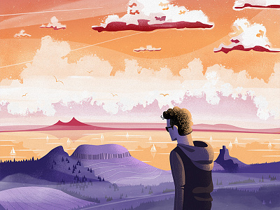 View from the Csobánc hill (poster) character clouds drawing hills lake landscape sketch