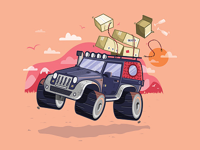 Crazy Jeep (illustration) boxes car clouds crazy funny illustration jeep jump wheels