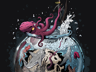 Escape from the aquarium 🌊🏄‍♂️🦈 illustration adobeillustrator aquarium art drawing funny illustration octopus shark sketch skull surf wacom cintiq wave