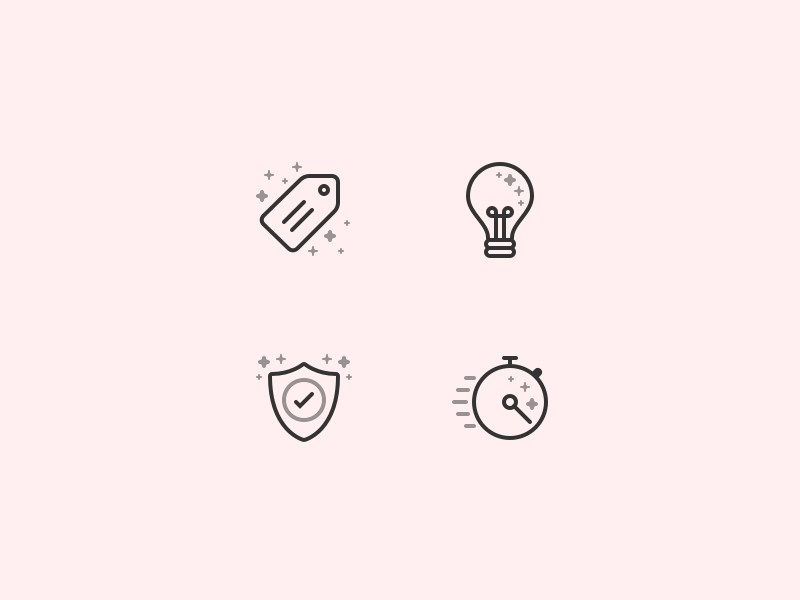 Icons bulb fast icons idea light line price shield tag tick timer
