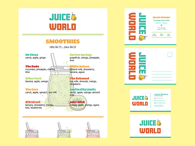 juice world (logo, menu, business card, postcard) adobe illustrator branding business card design graphic design indesign logo menu menu design postcard smoothie vector