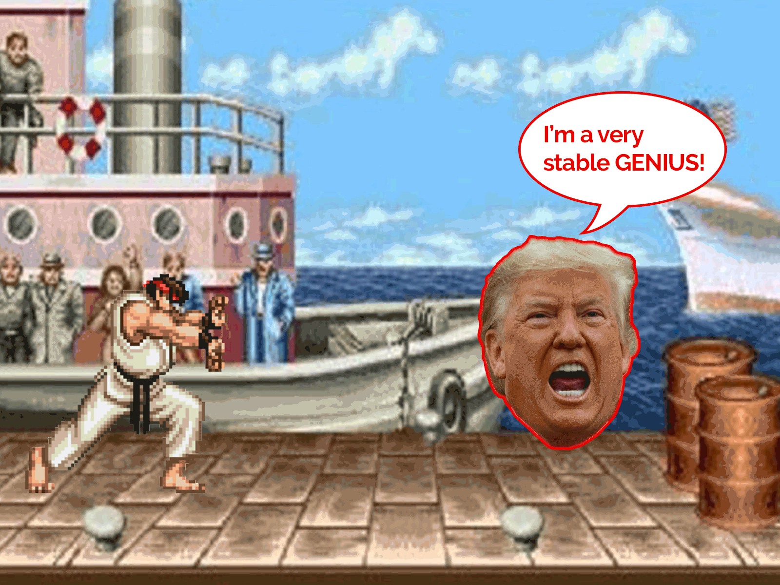 Ryu vs Trump arcade design fight gif meme photoshop pixels retro street fighter trump video game