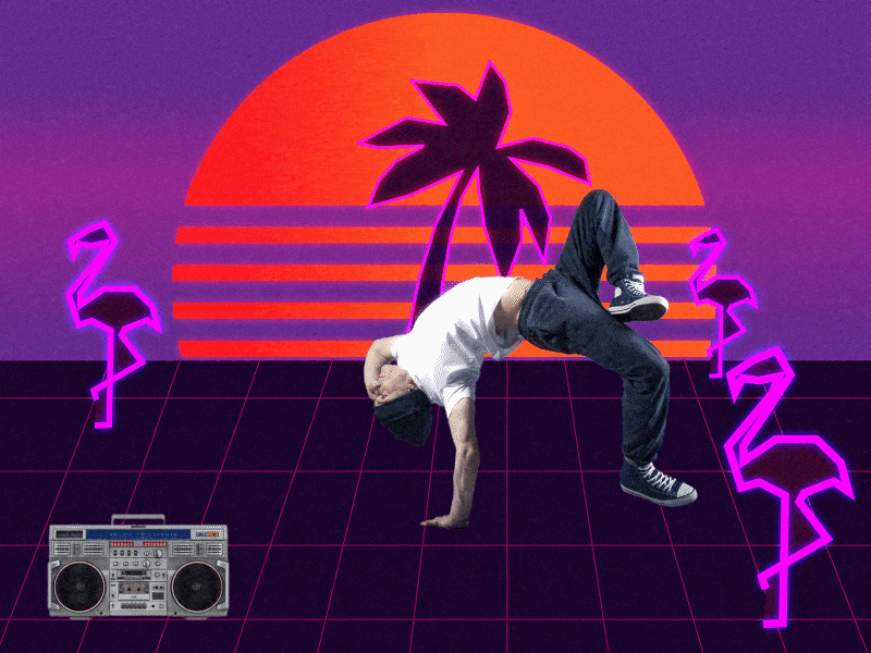 Breakdancing adobe suite after effects animated gif art boombox breakdancing dancing design flamingos gif illustrator motion design motion graphics palm tree photoshop retro vector