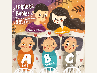 Triplets Babies children cute design doodle illustration