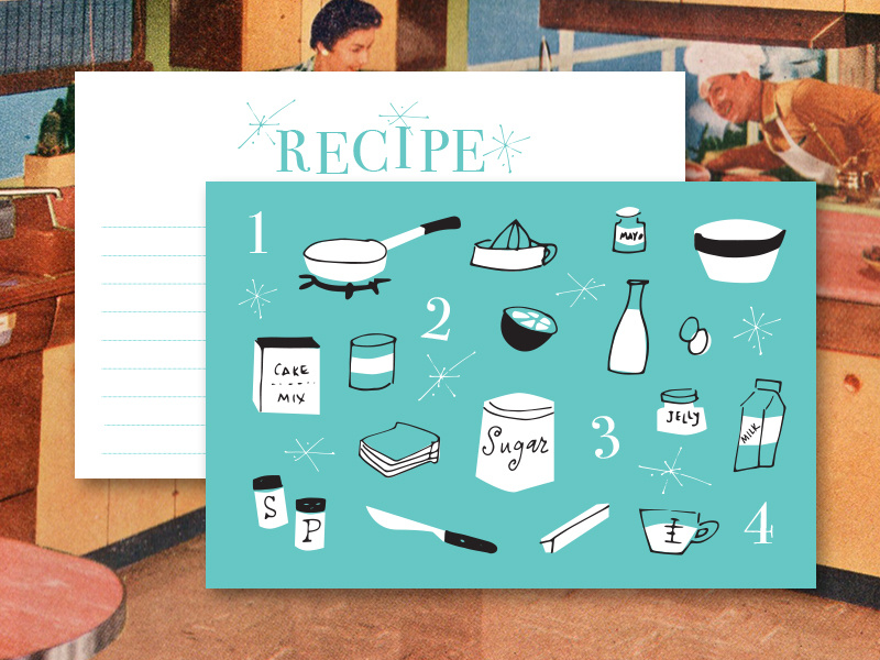 1950s Inspired Recipe Cards aqua cards recipe cooking kitchen illustrations vintage retro 1950