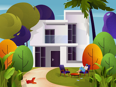 A summer day chair design designer dog dribbble girl house ill illustration illustrator leaf tree vector villa wacom