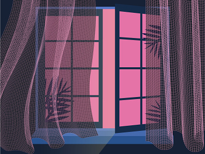 window curtain darkness designer dribbble illustration illustrator leaf light night open pink room tree vector window