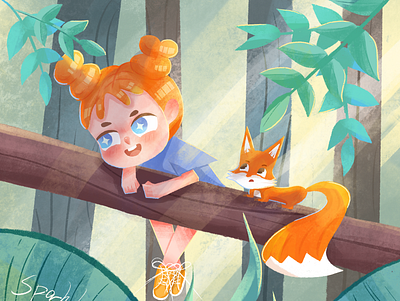 狐狸与小女孩 amazing digitalart drawing fox girl illustration ipadproart jungle orange procreate