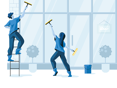 Cleaning Windows 2d art blue business building cat characterdesign cleaning company client service flat illustration home cleaning service illustration limited colour palette negotiation problem solving vector windows cleaning