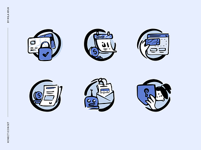 Icon set for Konect website 2d art annual report donation flat illustration hand drawn illustration limited palette online payments security sketchy statements vector