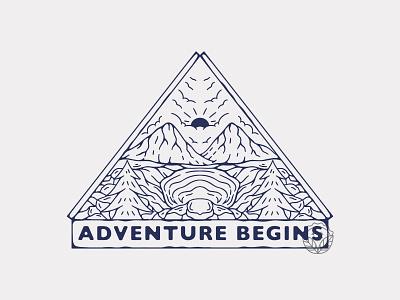 Adventure begins apparel artwork badge design brandmerch clothing design forest handdrawn illustration merchandise mountain patch patch design vintage badge